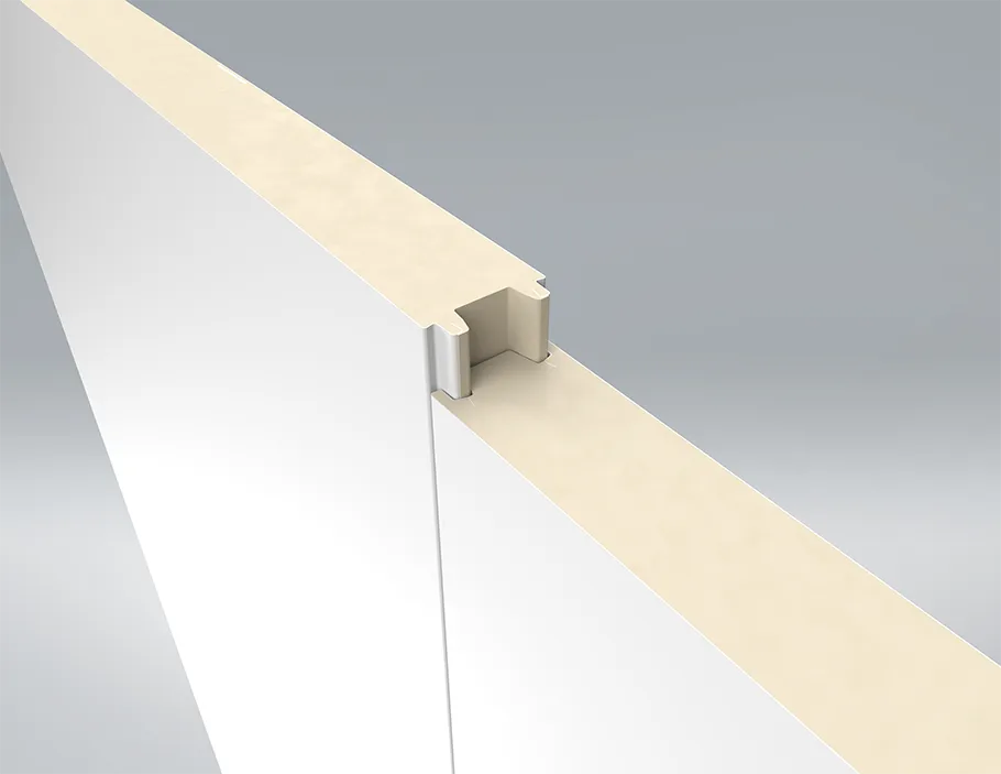 Détail en coupe du système d'emboîtement et de l'âme isolante en mousse d'un panneau sandwich isotherme Celtek.