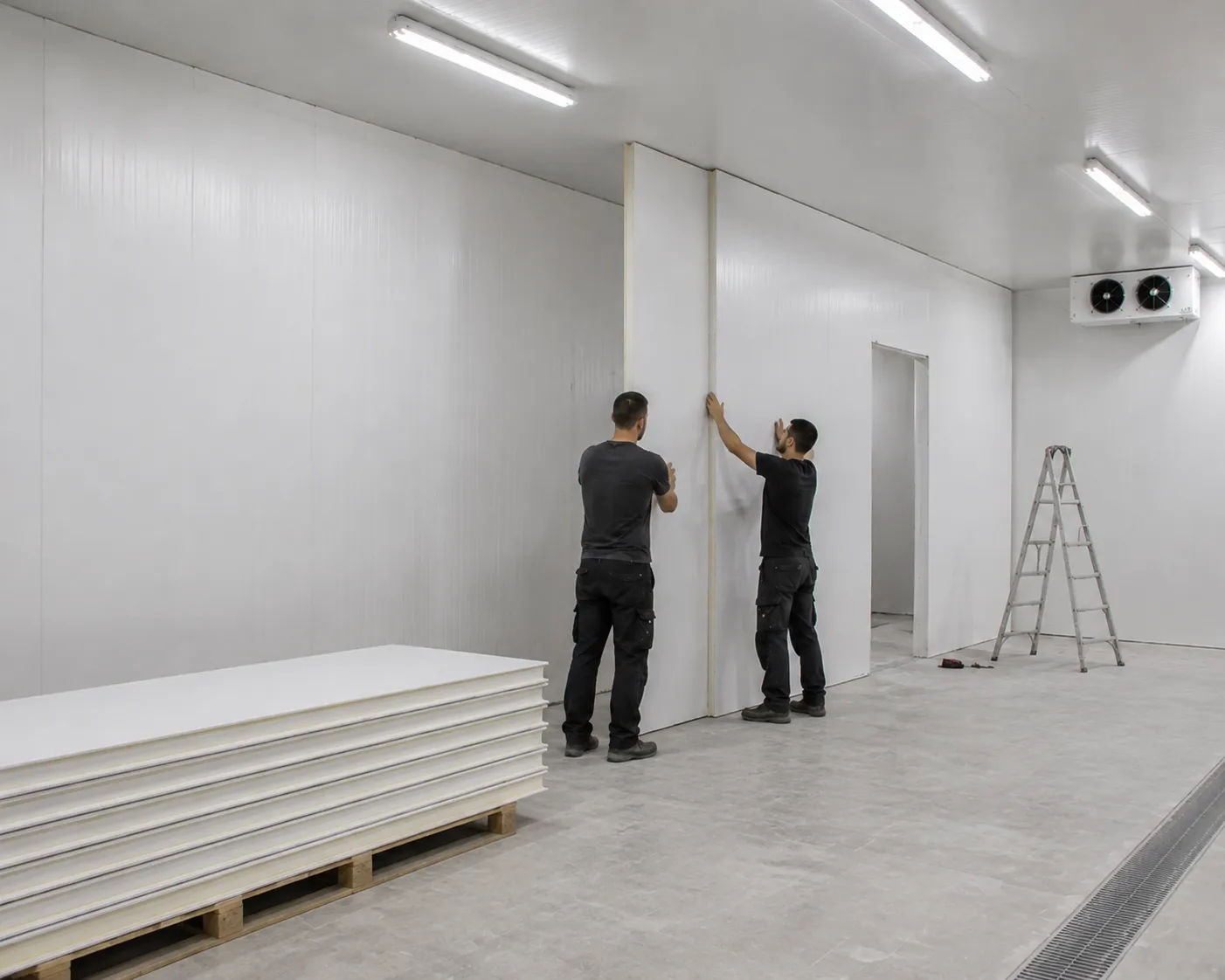 Montage de cloisons en panneaux isothermes Celtek par des techniciens pour une installation de stockage agroalimentaire.
